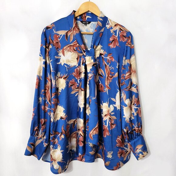 Misook Womens Long Sleeve Tie Neck Blouse Size XL Split Hem Floral Blue Romantic - Picture 1 of 12
